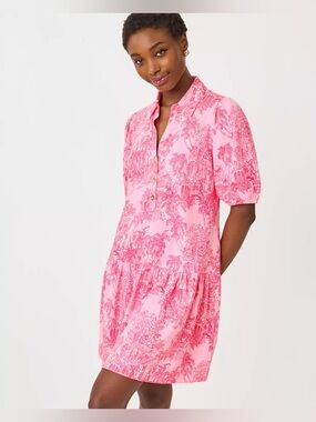 Lilly Pulitzer Toile Cotton Pink and White Printed Polo Mini Dress
